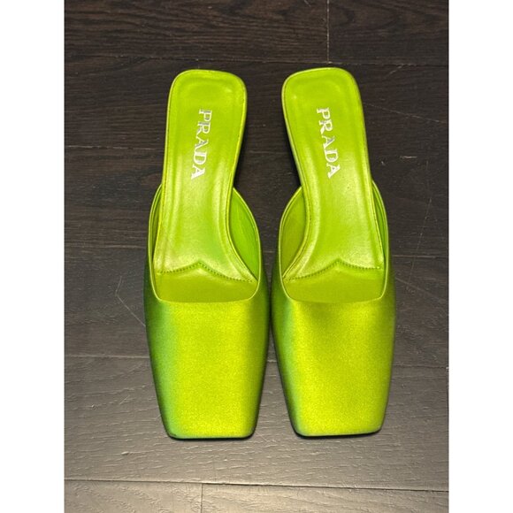 Prada Green Satin Square-Toe Mules Size 38 - Picture 1 of 6